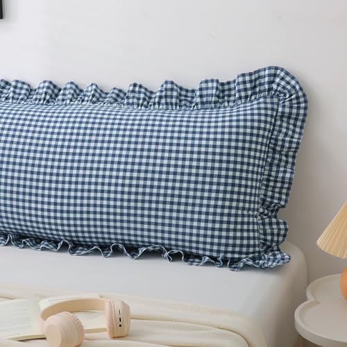 Navy Gingham Body Pillow Cover 20x54, Ruffled Cotton Sham - Image 7
