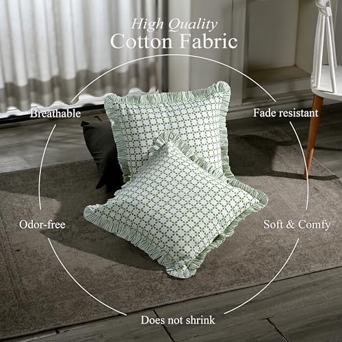 CPC Kelly Green Hand Block Print 100% Cotton Ruffle Throw Pillow Cover 18x18 - Image 3