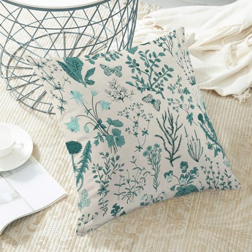 AEIOAE Summer Pillow Covers 18x18 Inch Set of 2, Teal Green Wild Flower Plant - Image 4