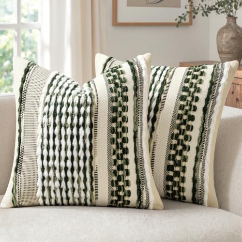 ANRODUO Boho Decorative Pillow Covers Plush Olive Green 20x20 Pack of 2 by ANRODUO