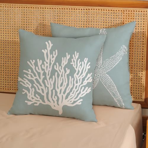 Coastal Pillow Covers 20x20 Inch Set of 2 Blue Coral Starfish Throw Pillows - Image 2