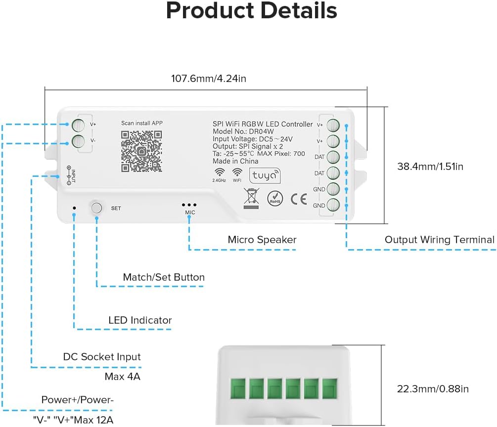 2.4G WiFi SPI RGBW Controller DR04W & RC03RF RF Remote Set, Control by Smart Life/Tuya APP/Alexa/Google Home, Support SK6812RGBW/SMD WS2814 IC etc Addressable RGBW LED Strip STA Mode