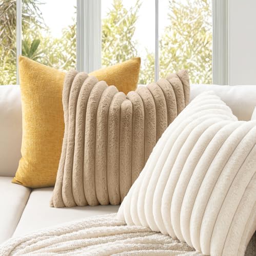 MIULEE Faux Fur Decorative Throw Pillow Covers 16x16 Set of 2 Khaki - Image 3