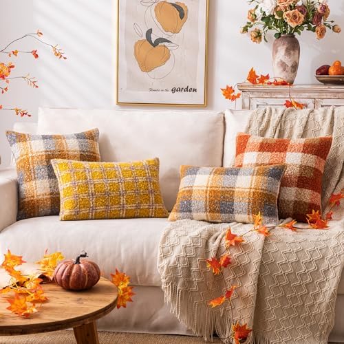 AQOTHES Plaid Fall Throw Pillow Covers Yellow Blue 18x18 Inch Set of 2 - Image 3
