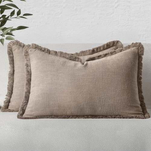 MIULEE Linen Fringe Decorative Fall Lumbar Throw Pillow Covers Dune 12x20 by MIULEE