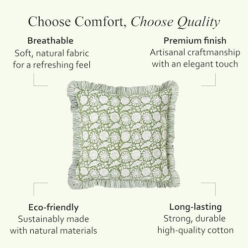 CPC Olive Bloom Hand Block Print 100% Cotton Ruffle Throw Pillow Cover 20x20 - Image 7