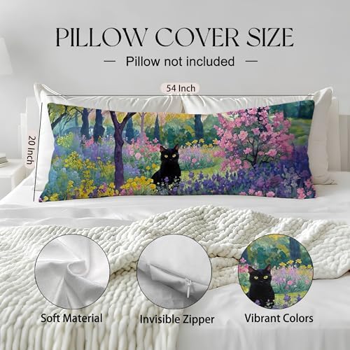 Spring Garden Black Cat 20x54 Body Pillow Cover, Cats Lovers Lady Gifts - Image 2