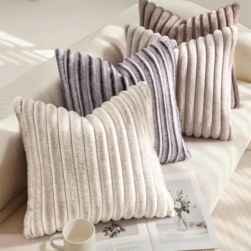 decorUhome Fall Faux Fur Throw Pillow Covers 22x22 Set of 2 Light Coffee - Image 4