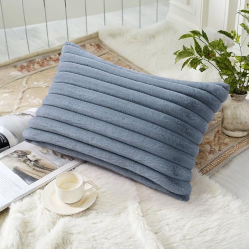 decorUhome Fall Faux Fur Throw Pillow Covers 12x20 Set of 2 Grey Blue - Image 4