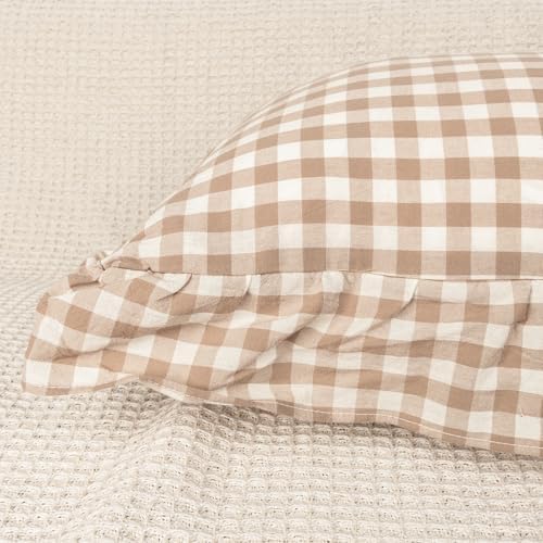 JoraLion Ruffled Throw Pillow Cover 12x20 Gingham Khaki - Image 5
