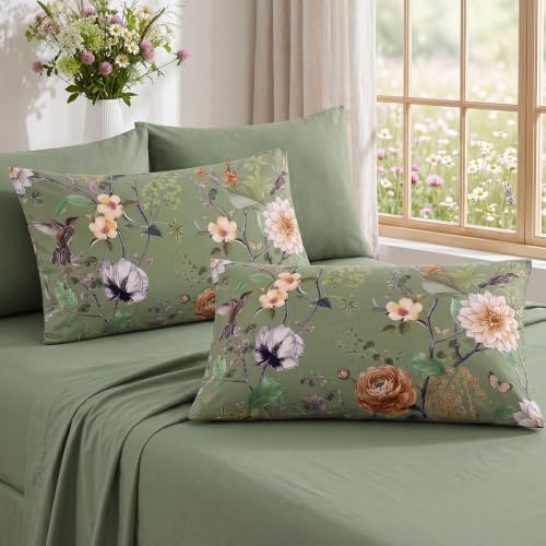 Bedorm 100% Cotton Pillowcases Set of 2 Queen Size Green Floral Pillow Cover - Image 2