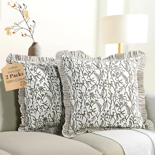 CPC Cocoa Vine Hand Block Print 100% Cotton Ruffle Throw Pillow Cover 24x24 inch by COTTONPRINTCLUB