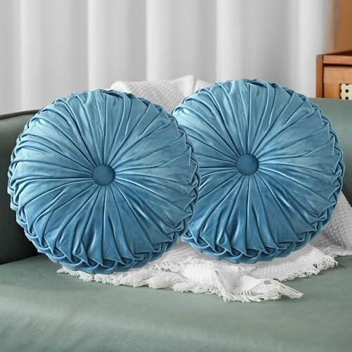 HIG Set of 2 Dusty Blue Velvet Decorative Round Pleated Throw Pillows by HIG