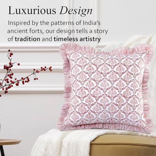 CPC Blush Rose Hand Block Print 100% Cotton Ruffle Throw Pillow Cover 18x18 inch - Image 4