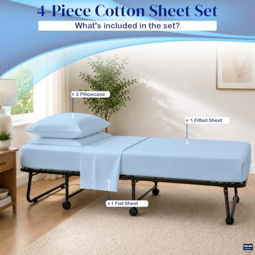 Cottingon 4 PC Cot Sheet Set 25"X75", Egyptian Cotton, Light Blue - Image 4