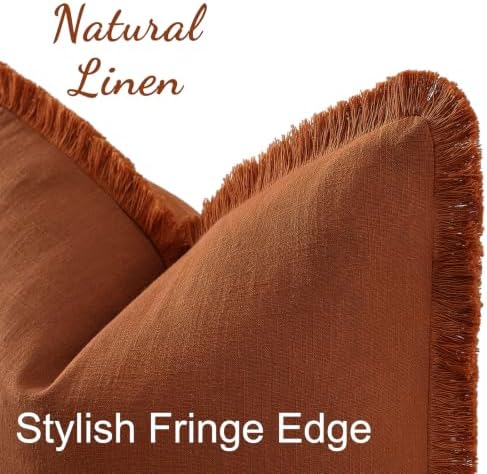 decorUhome Linen Fringe Light Rust Throw Pillow Covers 16x16 Set of 2 - Image 4