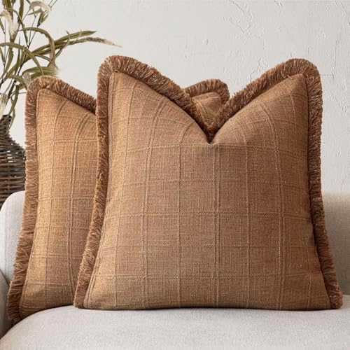 Foindtower Set of 2 Decorative Linen Check Fringe Throw Pillow Covers Farmhouse by Foindtower