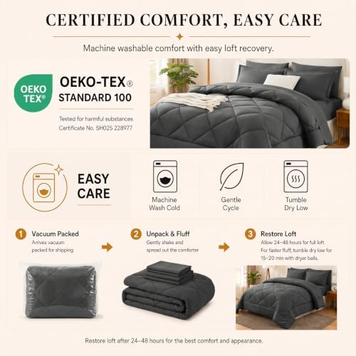 CozyLux Super King Plus Comforter Set 128"x120", 7 Piece, Dark Grey - Image 4