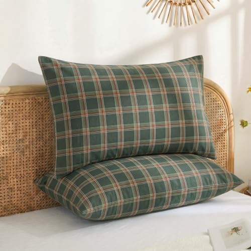 Merryword 100% Cotton Pillow Cases, King Size, Washed Cotton Deep Green Plaid - Image 2