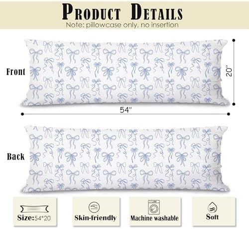 Blue Ribbon Bow 20x54 Body Pillow Cover, Preppy Coquette Room Dorm Decor - Image 2