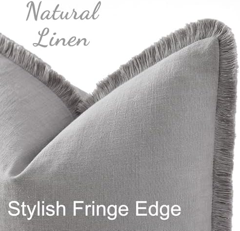 decorUhome Linen Fringe Light Grey Throw Pillow Covers 20x20 Set of 2 - Image 2