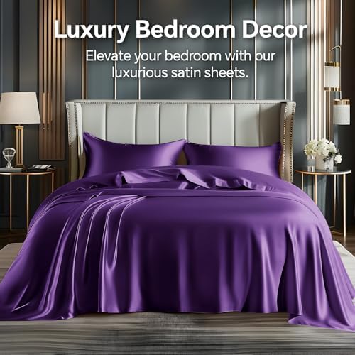 BEDELITE Satin Sheets California King Size Bed Set, Plum Purple, 4 Pieces - Image 2