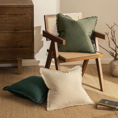 MIULEE Linen Fringe Decorative Euro Throw Pillow Covers Olive Green 24x24 - Image 4