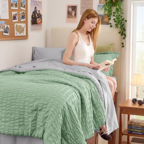 HYMOKEGE Sage Green/Light Grey Twin Comforter Set Seersucker 5 Pieces, All - Image 3