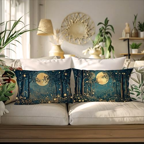 Rustic William Morris Inspired Night Moon Forest Decor Pillow Covers 20x12 Set - Image 4
