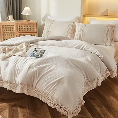 Beige Gray Tassel Pillowcases, Cream Boho Pillow Cases Set of 2, 100% Washed - Image 6