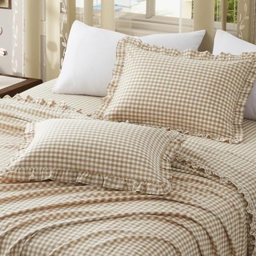 KKJIAF 2 Pcs Plaid Ruffle Pillow Case Queen Size, Taupe Plaid - Image 4