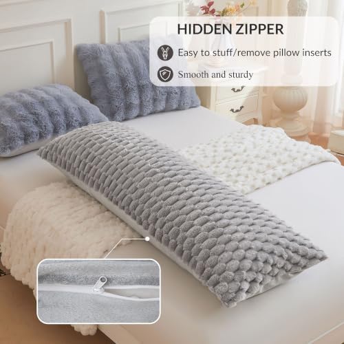XeGe 3D Bubble Fluffy Faux Rabbit Fur Body Pillow Cover 20x54, Light Grey - Image 5