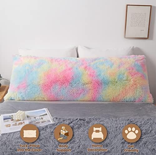 MEGO Rainbow Print Fluffy Faux Fur Body Pillow Cover 20x54 - Image 2