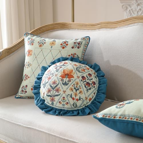ISAENNE Linen Round Throw Pillow Cover, Diameter 16"-Floralsea A - Image 4