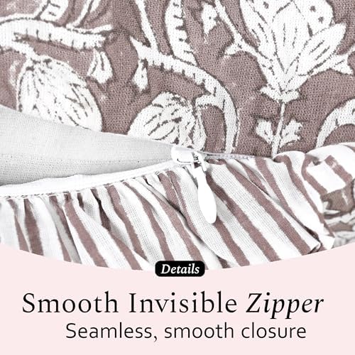CPC Mocha Regal Hand Block Print 100% Cotton Ruffle Throw Pillow Cover 20x20 - Image 3