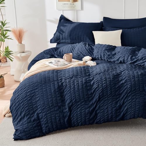 HYMOKEGE Navy Blue Oversized King Comforter Set Seersucker 7 Pieces, All Season - Image 2