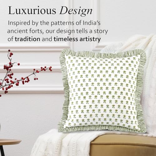 CPC Lotus Meadow Hand Block Print 100% Cotton Ruffle Throw Pillow Cover 18x18 - Image 7