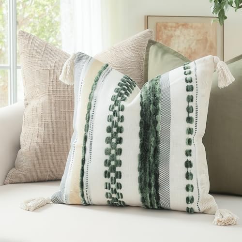 PANOD Chenille Farmhouse Throw Pillow Covers 18 x 18 Dark Green, Neutral Boucle - Image 5
