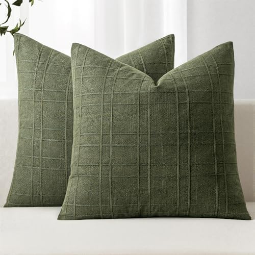 MIULEE Linen Plaid Pillow Covers Decorative 20x20 Dark Olive Green by MIULEE