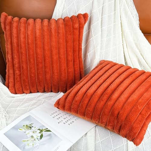 COTEY 18x18 Decorative Faux Fur Throw Pillow Covers Set of 2- Burnt Orange - Image 3