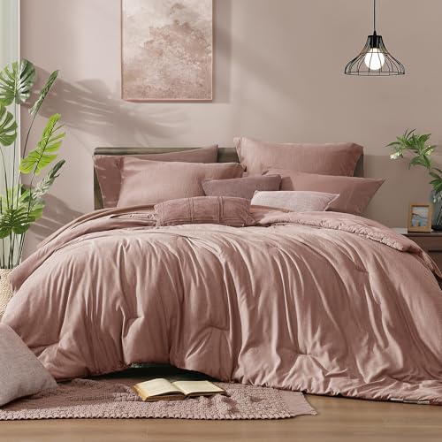 Monbix King Comforter Set 7 Pieces Dusty Pink Cationic Dyeing Bed in a Bag by Monbix