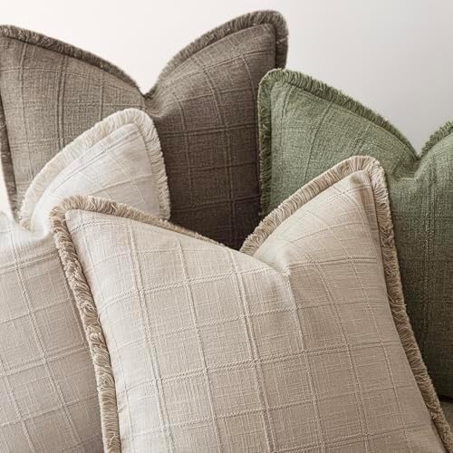 Foindtower Set of 2 Decorative Linen Check Fringe Throw Pillow Covers Farmhouse - Image 4