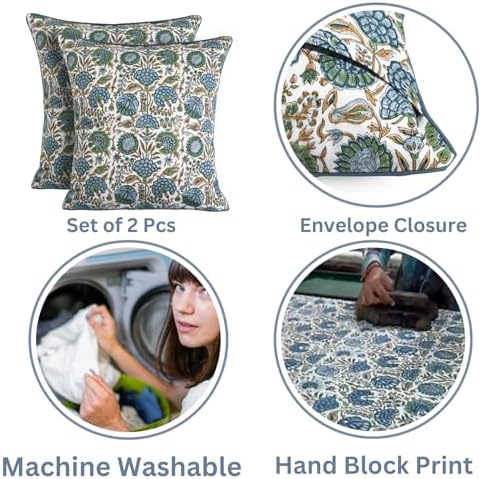 Ridhi Block Print Asparagus Green Pillow Cover 18" x 18" Decorative Couch - Image 3