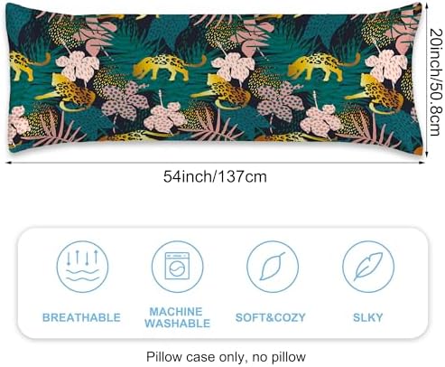 Body Pillow Cover with Zipper, Tropical Flowers Palm Leaves Jaguar Imitation - Image 2