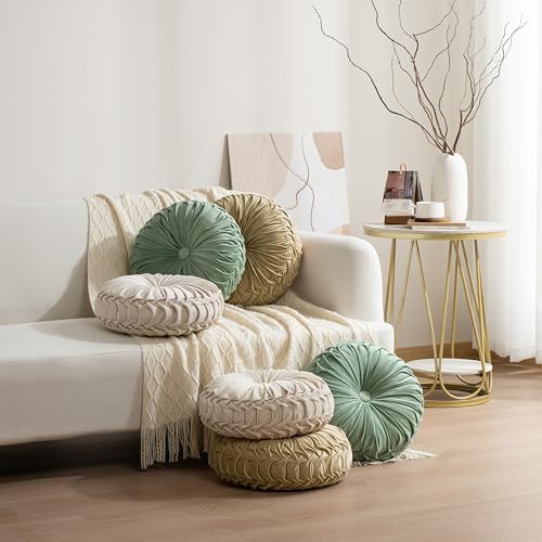 HIG Set of 2 Sage Velvet Decorative Round Pleated Throw Pillows - Image 5