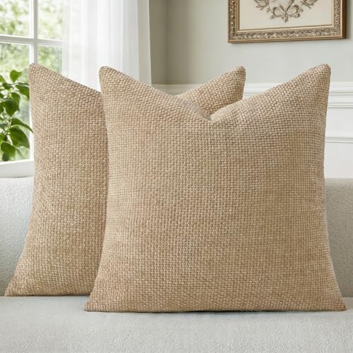 a moment Light Brown Chenille Throw Pillow Covers 20x20 Inch Pack of 2 Modern by amoment