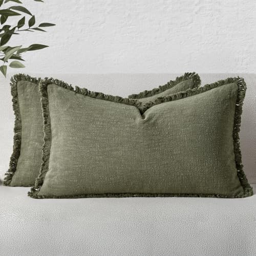 MIULEE Boho Linen Decorative Lumbar Throw Pillow Covers Olive Green 12x20 by MIULEE