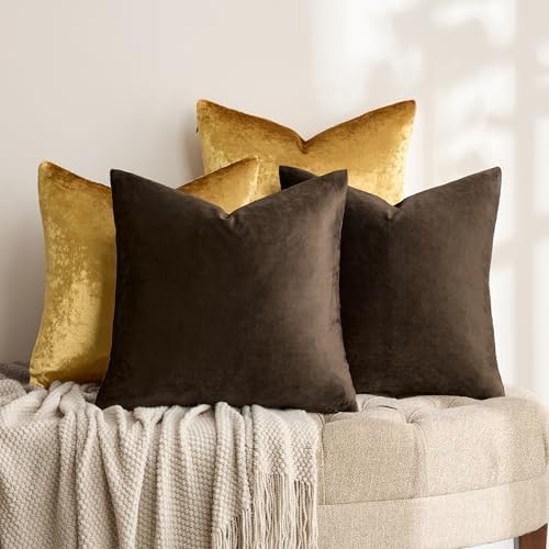 GIGIZAZA Pack of 4 Decorative Velvet Pillow Covers 20x20 Brown Gold - Image 3