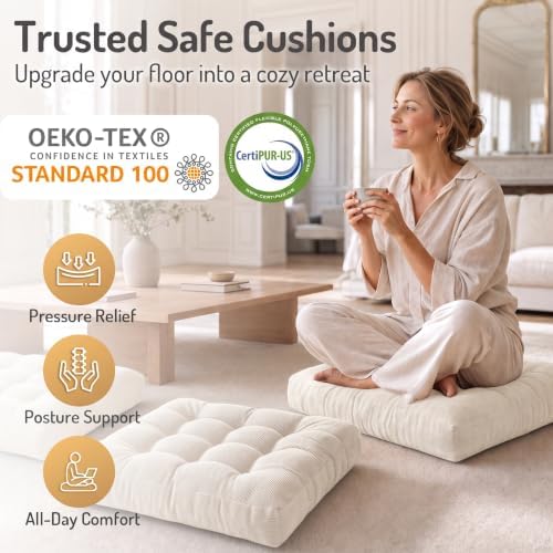 Large Floor Pillow for Adults, Square Meditation Cushion, 22 Inch Beige - Image 2