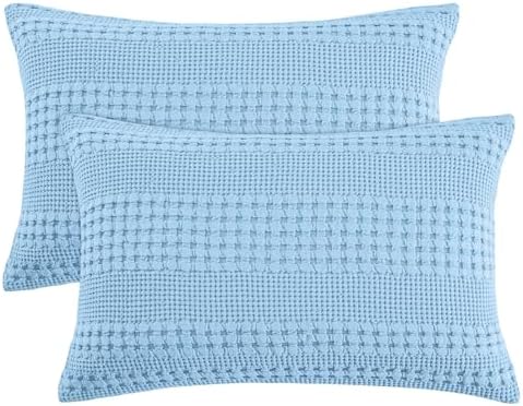 PHF Cotton Waffle Pillow Shams Queen Size 20" x 30", Sky Blue, No Insert by PHF